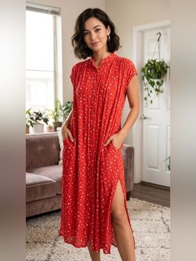 Sadie & Sage Red Floral Button-Front Maxi Nightgown with Pockets